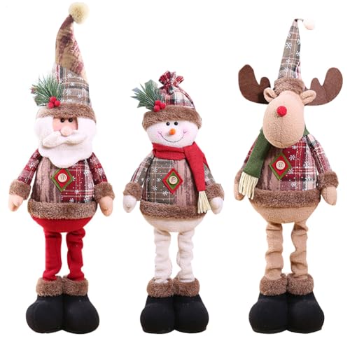 Syengery 3 Peças Bonecos de Natal Extensíveis, Santa de Pé Decoração de Natal, Boneco de Neve de Papai Noel Natalino de Pelúcia
