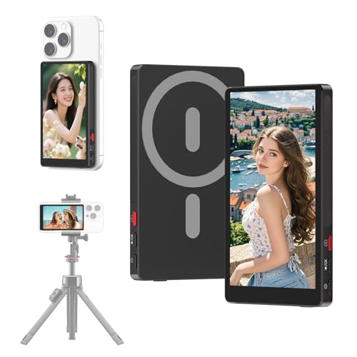 MAGEX 4" Slim Selfie Monitor for iPhone 7–16 & Android, Magnetic 1080p Wireless Screen Mirroring Back Camera Monitor iPhone Android Phone Vlog Selfie Screen w/Camera Button, CNC Metal, Black, No Touch