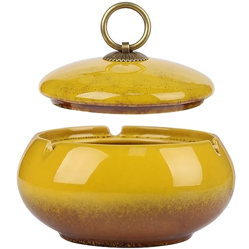 PuretéavHom Posacenere per esterni, posacenere in ceramica con coperchio, per esterni, grande, posacenere per sigari, per fumatori, desktop, posacenere per interni (sfumato di colore giallo)