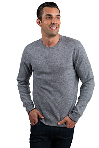 JENNIE LIU Men's 100% Pure Cashmere Long Sleeve Pullover Crewneck Sweater (L, Grey)