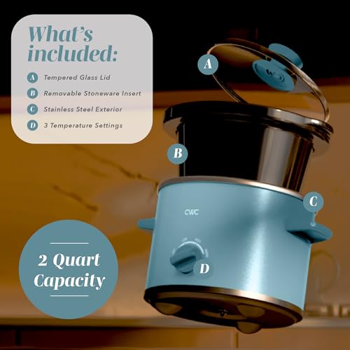 Image of COOK WITH COLOR 2QT Mini Electric Round Slow Cooker - Adjustable Settings, Removable Stoneware Pot, Tempered Glass Lid, Dishwasher Safe, Cool-Touch Side Handles, Slate Blue