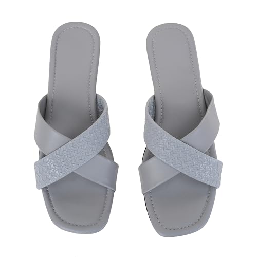 Image of Women's Cross Strap Textured Flat Sandals - Stylish and Comfortable Slip-On Flats