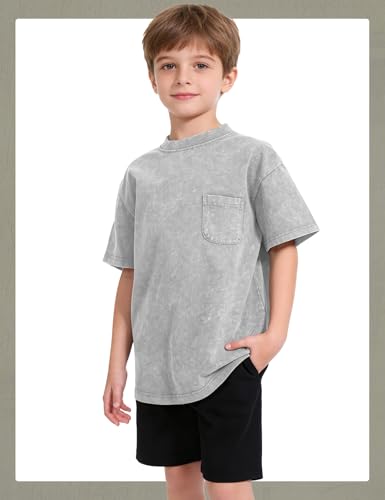 Image of COZYPOIN Unisex Kids Vintage Acid Wash Cotton Tees Crew Neck 3-16Y | 100% Cotton Boys Oversized T Shirt, Crew Neck, Short Sleeve, Front Pocket, Vintage Acid Washed Kids Tees for Boys Girls