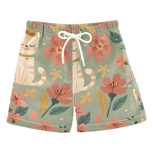 OREZI Boys Swim Shorts Cartoon Cat and Red Flower Bathing Suit for Kids Teens