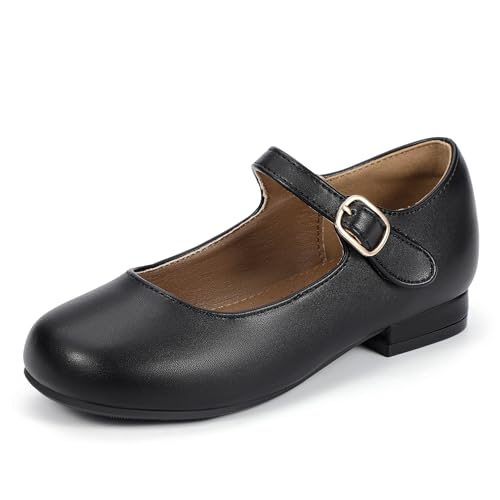 Hehainom Girls Dress Shoes Black Pu Mary Jane Ballet Flats Little Big Kids Flower Girl Low Heels School Wedding Party Shoes Size 3