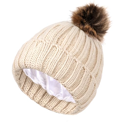 hoyuwak Satin Lined Beanie - Winter Hat for Women, Soft Stretchy Acrylic Beanies, Warm Beanies for Cold Weather, Outdoor Activities White
