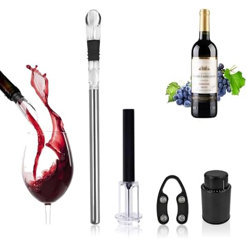 Samuelworld Wine Chiller Set - Stainless Steel Wine Aerator Pourer with Foil Cutter, Stopper and Air Pressure Opener, Premium Wine Chiling Rod, Wine Accessories for All Standard-sized Bottles, 4 Pack Cover