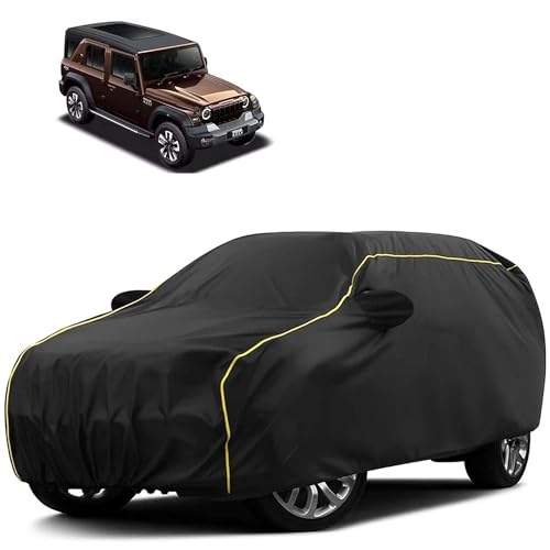 Image of Sulfar 100% Water Resistant Car Body Cover Compatible with Mirror for Mahindra Thar Roxx (Triple Stitched, Full Bottom Elastic, Black Tafetta with Yellow Piping)