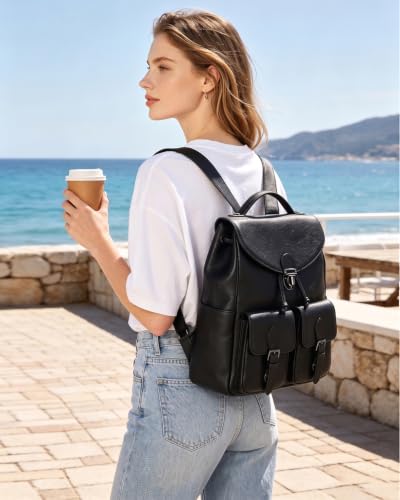 Image of COOLCY Women Vintage Genuine Leather Backpack Purse Fashion Rucksack Practical and Stylish Retro Daypack Bag (Black)