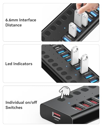 Image of Powered USB Hub, AGEEN 16-Port USB 3.0 Hub (10 USB-A 3.0+2 QC 24W Fast Charging+2 Smart Charging+2 USB-C 3.0 Ports), 12V /8A 96W UL Certified Power Adapter for PC, Laptop, HDD, Flash Drive