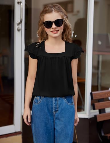 Image of Arshiner Girls Shirts Short Sleeve Square Neck Summer Lace Openwork Pleated Tops Blouse Tunic