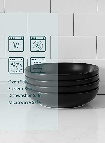 Teocera Pasta Bowls, Large Salad Bowls, Porcelain Bowl Set, Wide And Shallow, Microwave And Dishwasher Safe, 35 Ounce - Set Of 4, Matte Black #TOP2