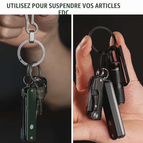 KeyUnity KA12BK Porte-clés plat en titane, 33/25/17,5 mm Anneau de fente à pression latérale pour mousqueton à clés, lampe de poche, couteau (1L+2M+2S) – vue 2