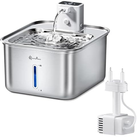 DownyPaws Cat Water Fountain Stainless Steel Wireless White with Replacement Water Pump White Cover