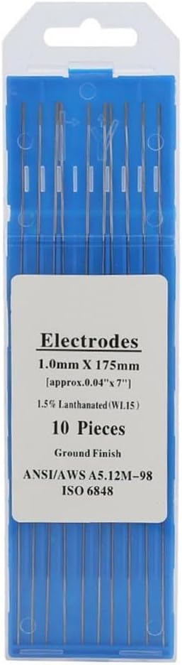 IG Welding Electrodes WL15 Lanthanum 10PCS Stainless Steel Rods 1.0mm-3.2mm for Carbon Steel Copper Alloy Aluminium Metal Welding 150A-250A with Plastic Box(1.0mmx175mm)