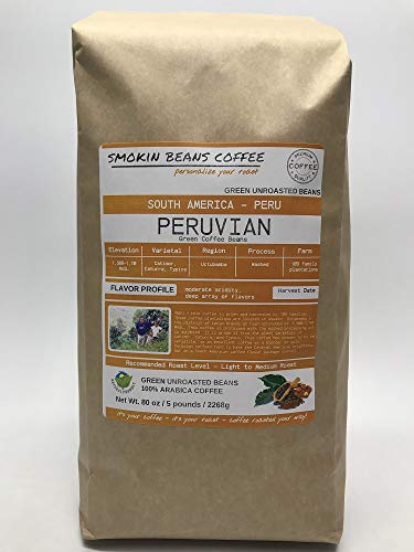5 Pounds – South American – Peru – Unroasted Arabica Green Coffee Beans – Grown Region Uctubamba – Altitude 1300-1700M – Catimor, Caturra, Typica – Drying/Milling Process Washed - Includes Burlap Bag #TOP1