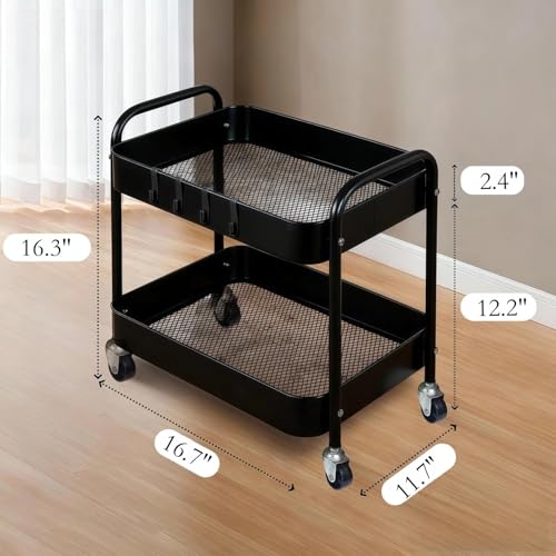Image of 2 Tier Metal Rolling Utility Cart with Wheels Under Desk Storage Cart with Handle, Roll Around Organizer Trolley for Small Space Pantry Bathroom Home Kitchen Office Snack Baby Supplies, Black