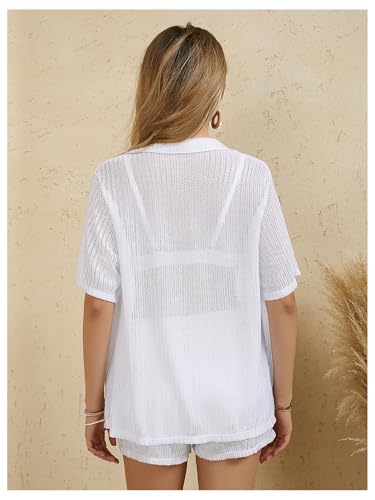 Milumia Women's 2 Piece Cover Ups Set Short Sleeve Open Front Hollow Out Swimsuit Coverup with Shorts2