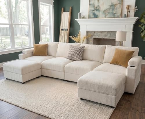 Image of Sectional Couches for Living Room FSC Certified Velvet Modular Couch Oversized Cloud U Shaped Convertible Sleeper Sofa Chaise Detachable Armrest Cushion (Chenille Beige, U Shape 6 Seat)
