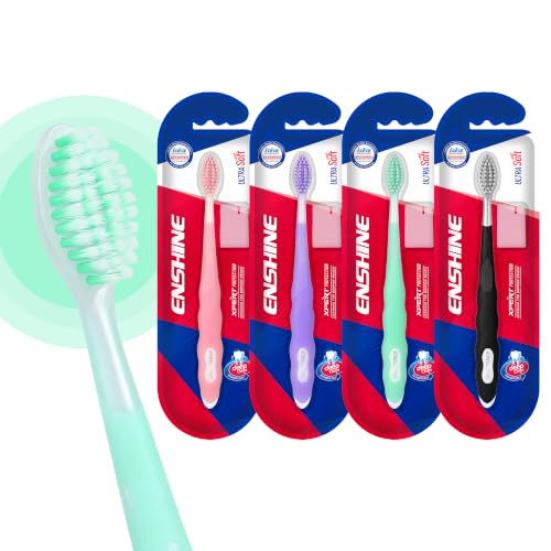 Image of Enshine Expert Protection Toothbrush for Adults - Pack of 4 | Double-Tapered Ultra Soft PBT Bristles | Premium Tooth Brush Set for Sensitive Gums | Deep Gum-Line Plaque Removal | Manual Toothbrush with Non-Slip Grip Multicolor
