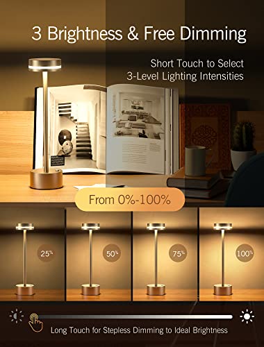 2 Pack Cordless Led Table Lamp, 3-Level Brightness, Stepless Dimmable Bedside Lamp, Rechargeable Touch Control Desk Lamp Up To 48 Hours Usage, Portable Metal Table Light For Outdoor Room Office(Gold) #TOP1