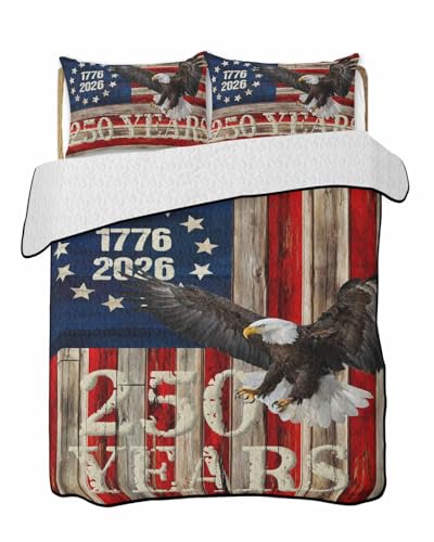 250 Anniversary USA Flag Quilt Twin Size, American Eagle Vintage Blue Red Reversible Quilt Bedding Set with 2 Pillow Shams for Summer, Lightweight Soft Bedspread Coverlet Comforter Set for Bed 68"x86"