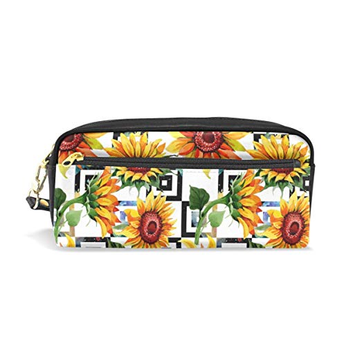 Preisvergleich Produktbild Ahdyr Bleistiftetui Blumensonnenblume Geometrisches Leder Bleistiftbeutel Reißverschluss Stiftbeutelhalter Student Stationary Cosmetic Makeup Bag