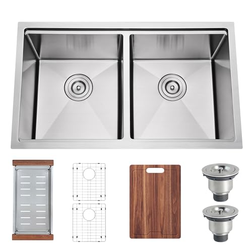 Quikore 32 Inch Double Bowl Undermount Workstation Kitchen Sink 16 Gauge Stainless Steel 50/50 Handmade Rectangular Sinks with Ledge and Accessories 32\" x 18\" x 10\"