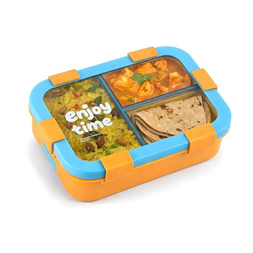 Image of Kids Tiffin Box Leakproof Lunch Box with 3 Compartments & Spoon | Food Grade BPA-Free Plastic Bento Lunch Box for School Boys & Girls | Airtight Snack Container for Kids & Office Use (700ml)