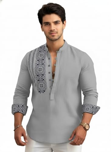 Image of Amazon Brand - INKAST Men's Cotton Blend Mandarin Collar Self One Design Full Sleeve Casual Short Kurta