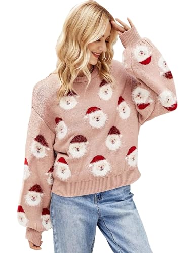 Ugly Christmas Sweater Women Funny Santa Xmas Cute Snowflake Holiday Party Knitted Pullover Tops (Pink-X-Large)
