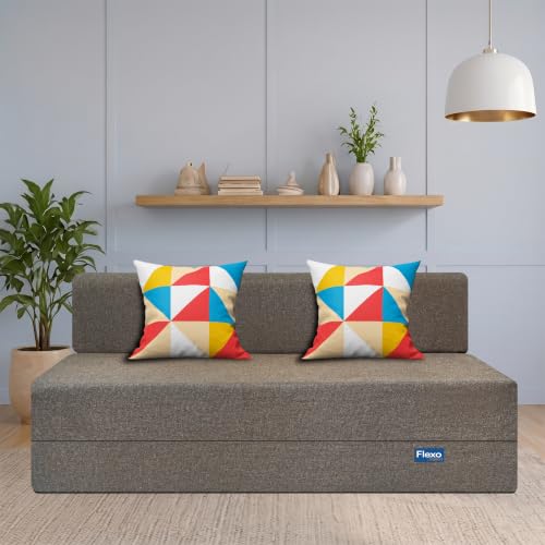 Image of Starlon 3 Seater Sofa Cum Bed Foldable 3-in-1 Sofa Bed with 1 Year Warranty, Washable Jute Fabric Cover & 2 Geometrical Pillows | Coffee Brown 6x6 Ft