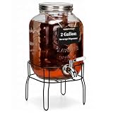 2 Gallon Drink Dispenser with 18/8 Stainless Steel Spigot, Sun Tea Glass Mason Jar for Outside, Iced Lemonade Beverage Dispenser with Fruit Infuser, Large Water Juice Jug, Punch Dispenser for Parties