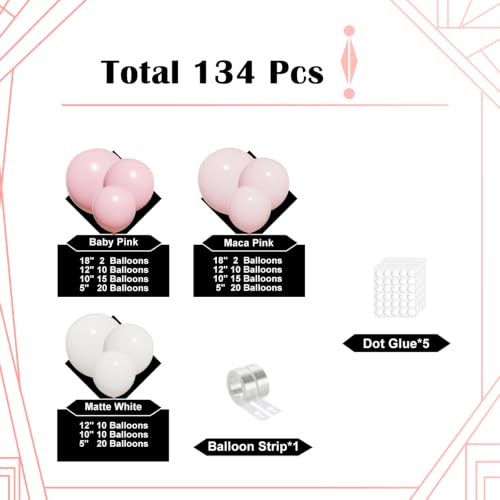 Image of Lukiituke Light Pink Balloon Arch Kit, 134Pcs Pink and White Balloons, Light Pink Balloons with 4 Sizes for Wedding Bridal Baby Shower Birthday Party Decorations