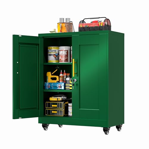 GAIOUS Metal Storage Cabinet with Lock and Wheels, Steel Tool Cabinet with 2 Door and 2 Adjustable Shelves, 35” Tall Lockable File Cabinet, Garage Cabinet, Rolling Cabinet for Home Office - Green