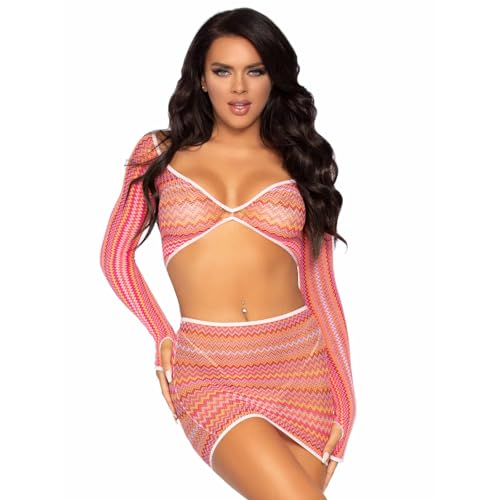 Image of Leg Avenue womens 2 Pc Zig Zag Net Gauntlet Sleeve Crop Top and Mini Skirt Set