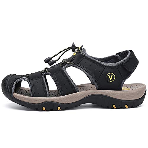 Flarut Men's Sport Sandals Outdoor Hiking Sandals Closed Toe Leather Athletic Lightweight Trail Walking Casual Sandals Water Shoes (A-Black,42) #TOP3