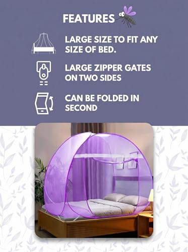 Image of Foldable King Size Mosquito Net | Double Bed Machardani | Durable 30 GSM Polyester Fabric Net Double (6 x 6) feet Bed (Purple)