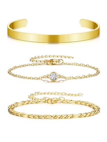 Image of Zysta 14K Gold Bracelet Sets for Women Ladies Layered Dainty Link Chain Bangle Cuff Bracelets Gold Jewellery Gifts for Mother's Day Valentine's Day Wedding Birthday (Gold-3pcs)