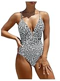 Verdusa Women's One Piece Elegant Graphic Swimsuit Criss Cross Tie Back Monokini Black and White X-Large