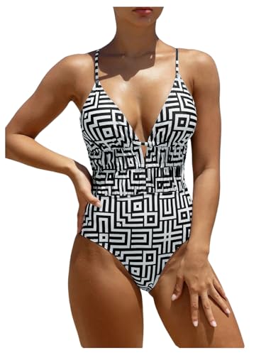 Verdusa Women's One Piece Elegant Graphic Swimsuit Criss Cross Tie Back Monokini