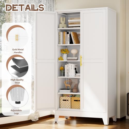 Image of 78.7 inch Tall Metal Pantry Cabinet, Freestanding Kitchen Storage Cabinet | with 2 Doors and 5 Adjustable Shelves, Versatile Storage Cupboard for Kitchen, Laundry, Dining & Utility Room, White
