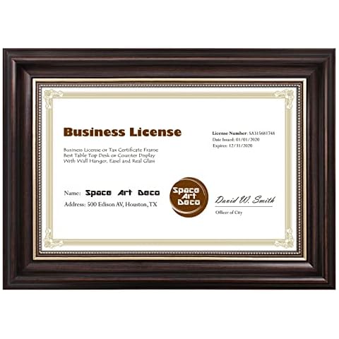 Space Art Deco, 8.5x5.5 Business License Frame, Professionals Certificate Frame, Tempered Glass Wall Hangers or Easel Stand Display (Dark Brown/Gold) Cover