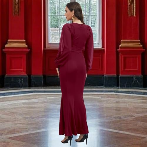 Image of Women's Elegant Formal Mermaid Maxi Dress Off Shoulder Long Sleeve Wedding Split Evening Gown Prom Cocktail Party Dresses