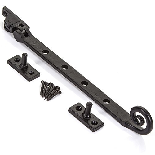 White Hinge Limited 10 Antique Black Cast Iron Window Casement Stay with Curly Monkey Tail Design
