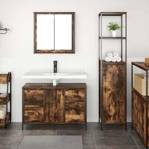 Frdhee Mueble de baño, tocador de baño, mueble de baño, lavabo, mueble de baño con cajones, 2 piezas de ceniza ahumada y negro, para habitaciones de hotel, casa de invitados, fácil montaje