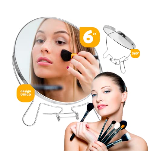 Espelho de Maquiagem Metal Dupla Face com Aumento (Zoom), Nítido, Leve, 6 Polegadas, Não Enferruja,
