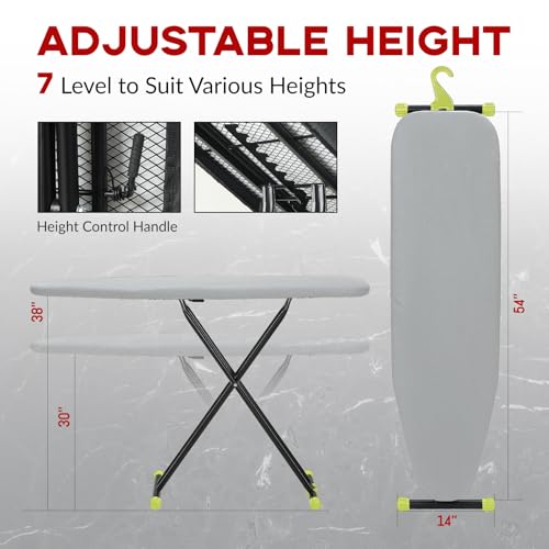 Ironing Board Full Size 54x14, RAINHOL Height Adjustable Iron Board with Thick Padded Cover and Smart Hanger, Heavy Duty Foldable Ironing Table with Silicone Pad Iron Rest, Gray