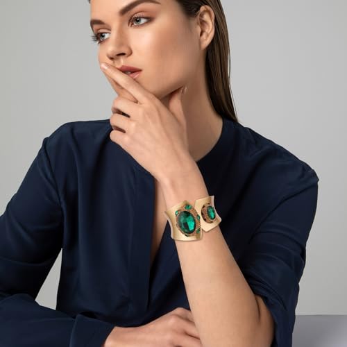 HZMAN Chunky Grren Crystal Cuff Bracelets for Women Retro Rhinestone Gold Plated Bracelet Wide Thick Open Hinge Wrist Cuff Bracelet Jewelry Gift3