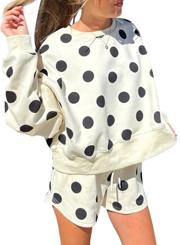 KevaMolly Womens Two Piece Lounge Sets Polka Dot Print Drop Shoulder Oversized Pullover Drawstring Shorts Set Beige M